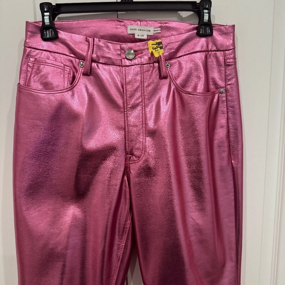 Good American Icon High Rise Straight Faux Leather Jeans in Powder Pink Metallic - Picture 3 of 4